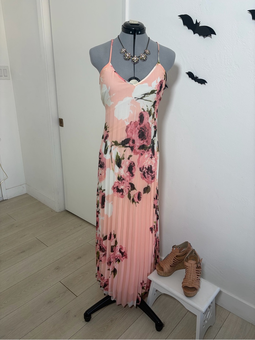 B Darlin Peach Floral Pleated Maxi Dress